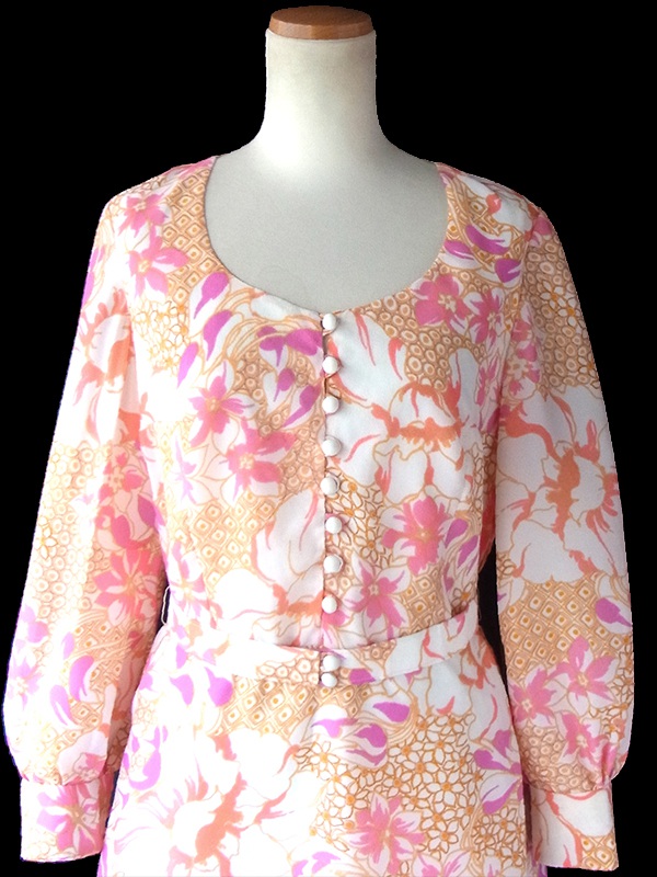 ヨーロッパ古着 ロンドン買い付け ホワイト X オレンジ・ピンク・パープル 花柄 共布ベルト付き レトロ ワンピース 17BS012