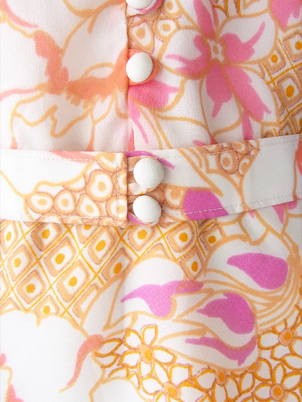 ヨーロッパ古着 ロンドン買い付け ホワイト X オレンジ・ピンク・パープル 花柄 共布ベルト付き レトロ ワンピース 17BS012