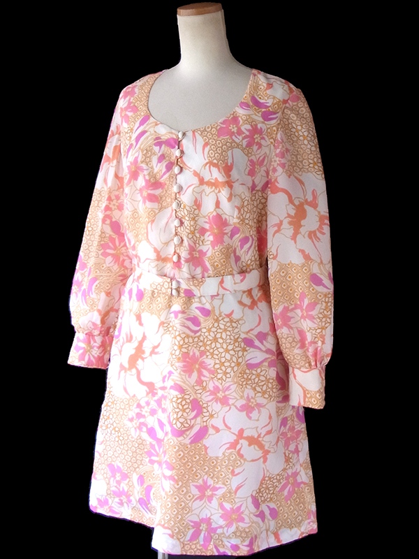 ヨーロッパ古着 ロンドン買い付け ホワイト X オレンジ・ピンク・パープル 花柄 共布ベルト付き レトロ ワンピース 17BS012