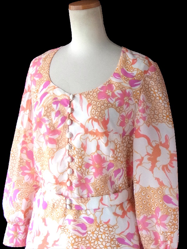 ヨーロッパ古着 ロンドン買い付け ホワイト X オレンジ・ピンク・パープル 花柄 共布ベルト付き レトロ ワンピース 17BS012