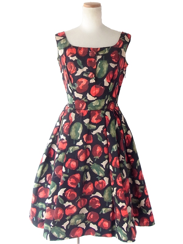 ヨーロッパ古着 ロンドン買い付け 50年代製 ブラック X レッド 林檎柄 ヴィンテージ ドレス 17BS023
