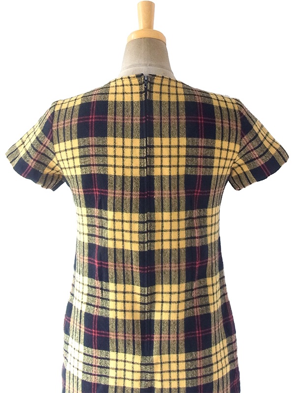 ヨーロッパ古着 ロンドン買い付け 60年代製 イエロー X ブラック・レッド タータンチェック ポケット付き ウール ワンピース 17BS100