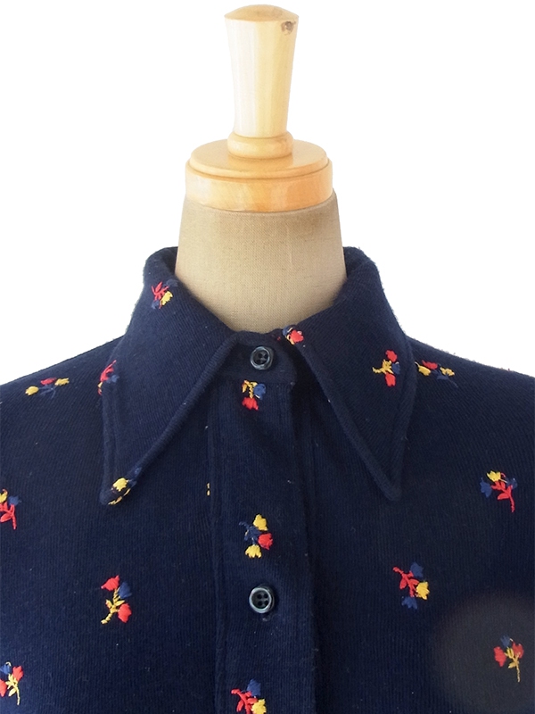 ヨーロッパ古着 ロンドン買い付け 60年代製 ネイビー X カラフル花柄刺繍 ウール ロング ワンピース 17BS101