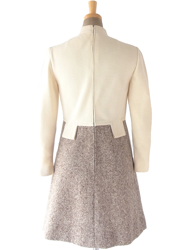 ヨーロッパ古着 ロンドン買い付け 60年代製 アイボリー X ツイード生地 切り返し ヴィンテージ ウール ワンピース 17BS122