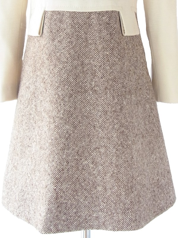 ヨーロッパ古着 ロンドン買い付け 60年代製 アイボリー X ツイード生地 切り返し ヴィンテージ ウール ワンピース 17BS122