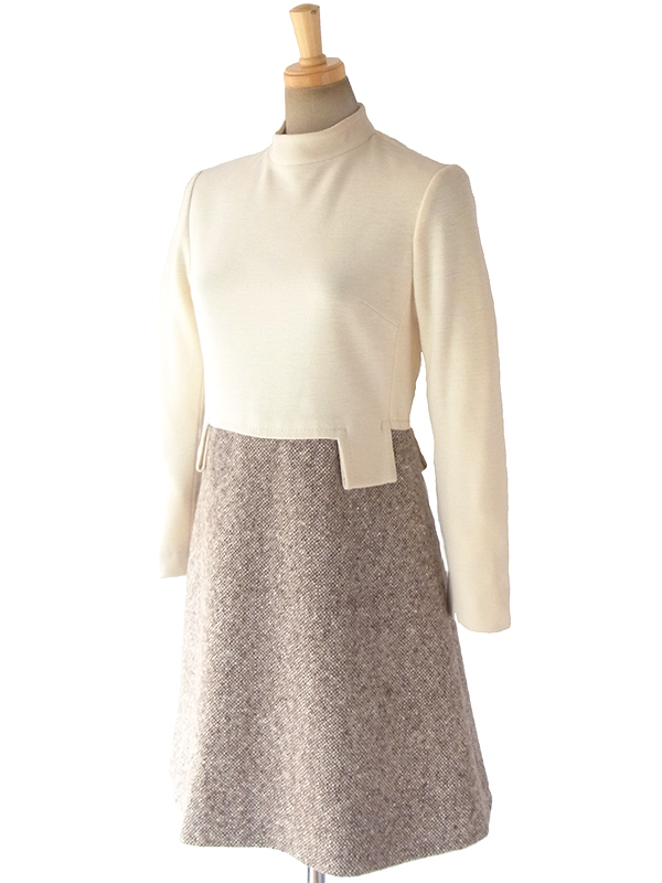 ヨーロッパ古着 ロンドン買い付け 60年代製 アイボリー X ツイード生地 切り返し ヴィンテージ ウール ワンピース 17BS122