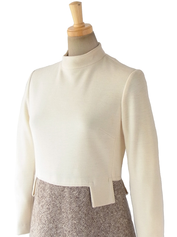 ヨーロッパ古着 ロンドン買い付け 60年代製 アイボリー X ツイード生地 切り返し ヴィンテージ ウール ワンピース 17BS122