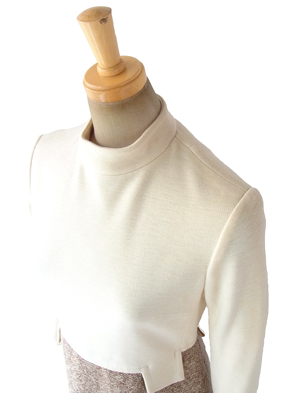 ヨーロッパ古着 ロンドン買い付け 60年代製 アイボリー X ツイード生地 切り返し ヴィンテージ ウール ワンピース 17BS122