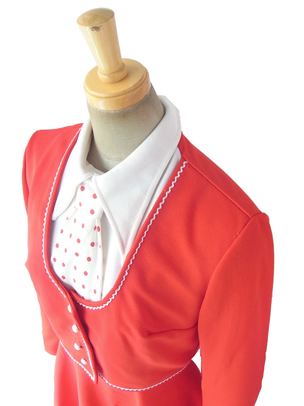 ヨーロッパ古着 ロンドン買い付け 70年代製 レッド X ホワイト 水玉ネクタイ付き セットアップ風 レトロ ワンピース 17BS200