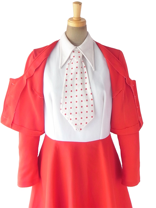 ヨーロッパ古着 ロンドン買い付け 70年代製 レッド X ホワイト 水玉ネクタイ付き セットアップ風 レトロ ワンピース 17BS200