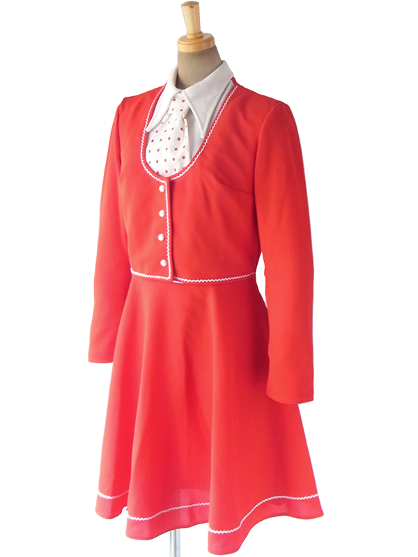 ヨーロッパ古着 ロンドン買い付け 70年代製 レッド X ホワイト 水玉ネクタイ付き セットアップ風 レトロ ワンピース 17BS200