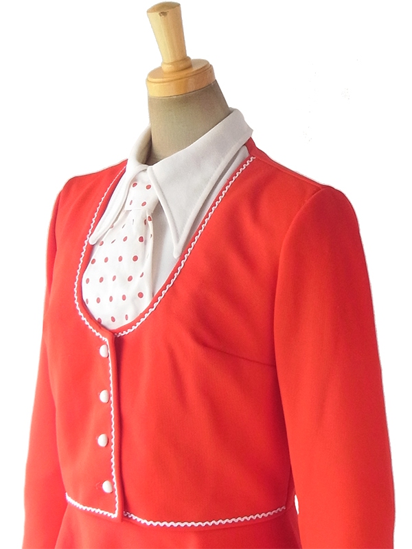 ヨーロッパ古着 ロンドン買い付け 70年代製 レッド X ホワイト 水玉ネクタイ付き セットアップ風 レトロ ワンピース 17BS200