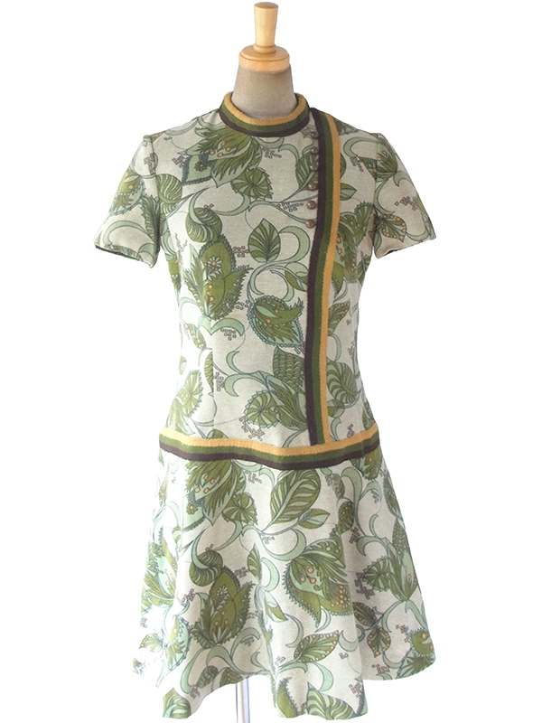 ヨーロッパ古着 ロンドン買い付け 60年代製 若草色 X ポタニカル柄 茶・緑・黄ライン ウール ワンピース 17BS202