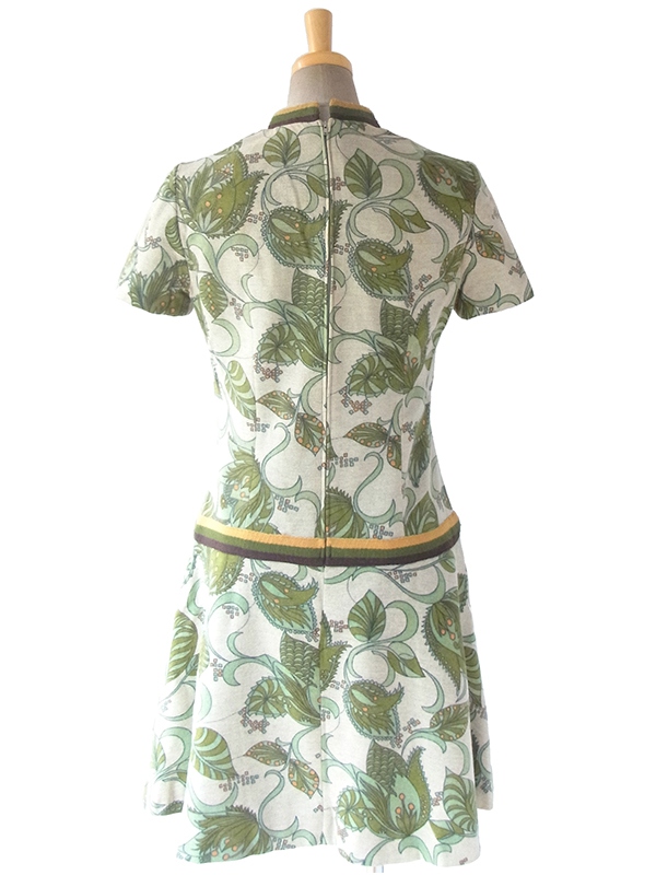 ヨーロッパ古着 ロンドン買い付け 60年代製 若草色 X ポタニカル柄 茶・緑・黄ライン ウール ワンピース 17BS202