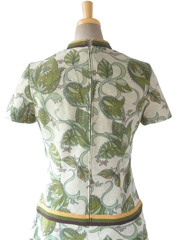 ヨーロッパ古着 ロンドン買い付け 60年代製 若草色 X ポタニカル柄 茶・緑・黄ライン ウール ワンピース 17BS202