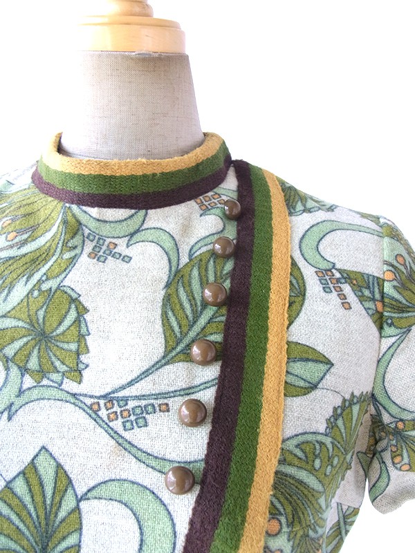 ヨーロッパ古着 ロンドン買い付け 60年代製 若草色 X ポタニカル柄 茶・緑・黄ライン ウール ワンピース 17BS202