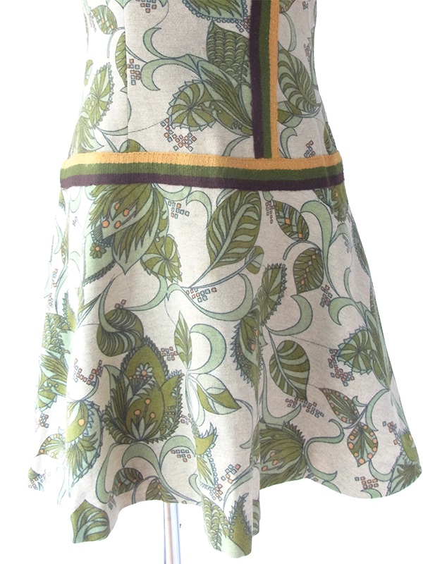ヨーロッパ古着 ロンドン買い付け 60年代製 若草色 X ポタニカル柄 茶・緑・黄ライン ウール ワンピース 17BS202