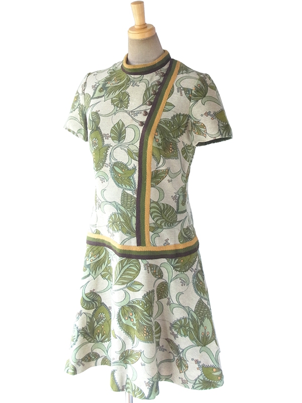 ヨーロッパ古着 ロンドン買い付け 60年代製 若草色 X ポタニカル柄 茶・緑・黄ライン ウール ワンピース 17BS202