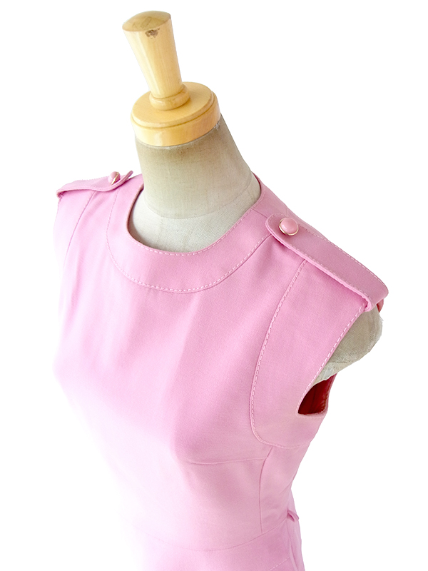 ヨーロッパ古着 ロンドン買い付け 60年代製 ピンク X ビッグステッチ 肩口に飾りボタン ヴィンテージ ウール ワンピース 17BS205