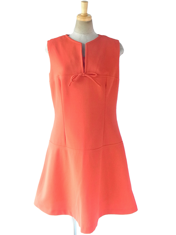 ヨーロッパ古着 ロンドン買い付け 70年代製 オレンジ X 胸元リボン シームデザイン レトロ ワンピース 17BS209