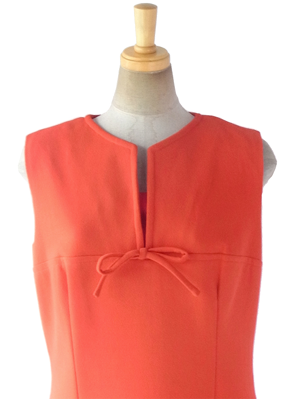 ヨーロッパ古着 ロンドン買い付け 70年代製 オレンジ X 胸元リボン シームデザイン レトロ ワンピース 17BS209