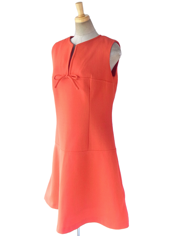 ヨーロッパ古着 ロンドン買い付け 70年代製 オレンジ X 胸元リボン シームデザイン レトロ ワンピース 17BS209