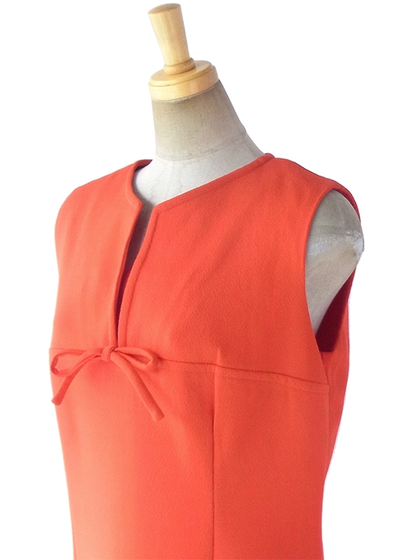 ヨーロッパ古着 ロンドン買い付け 70年代製 オレンジ X 胸元リボン シームデザイン レトロ ワンピース 17BS209