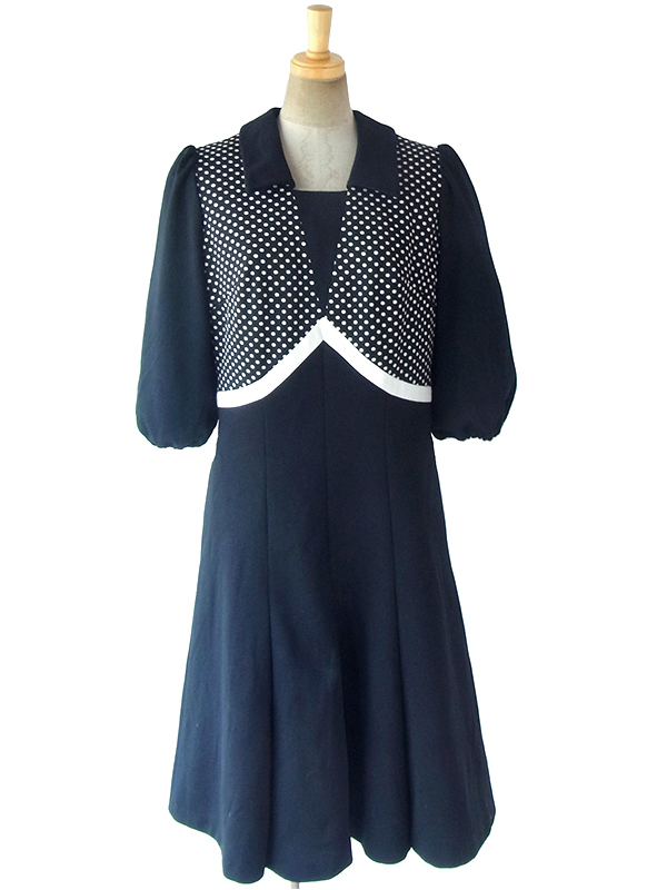 ヨーロッパ古着 ロンドン買い付け 70年代製 モノトーン X 水玉 パフスリーブ レトロ ワンピース 17BS210