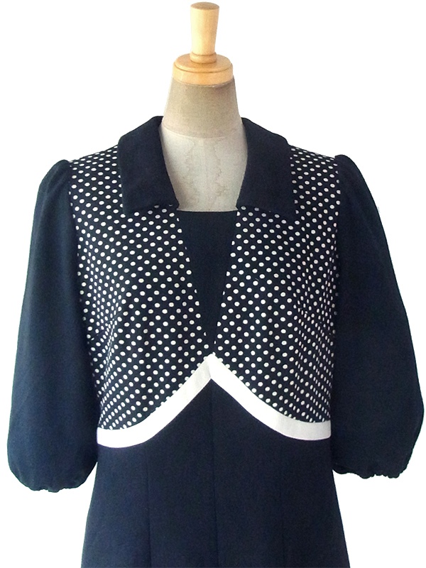 ヨーロッパ古着 ロンドン買い付け 70年代製 モノトーン X 水玉 パフスリーブ レトロ ワンピース 17BS210