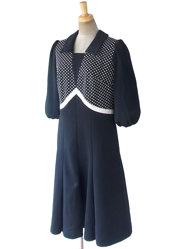 ヨーロッパ古着 ロンドン買い付け 70年代製 モノトーン X 水玉 パフスリーブ レトロ ワンピース 17BS210