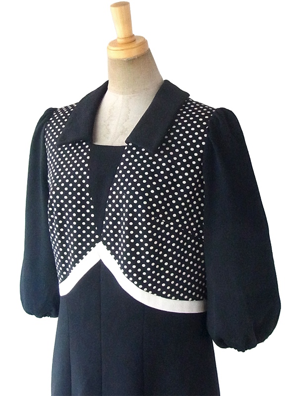 ヨーロッパ古着 ロンドン買い付け 70年代製 モノトーン X 水玉 パフスリーブ レトロ ワンピース 17BS210