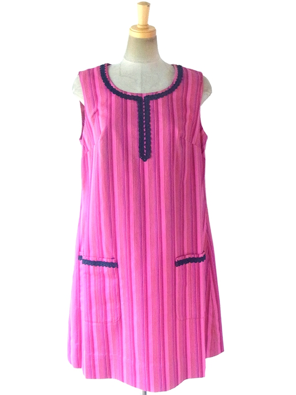 ヨーロッパ古着 ロンドン買い付け 60年代製 ピンク X ストライプ ネイビー コードレース ワンピース 17BS216