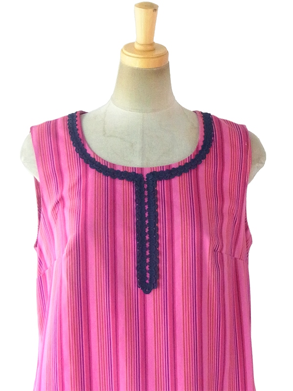 ヨーロッパ古着 ロンドン買い付け 60年代製 ピンク X ストライプ ネイビー コードレース ワンピース 17BS216