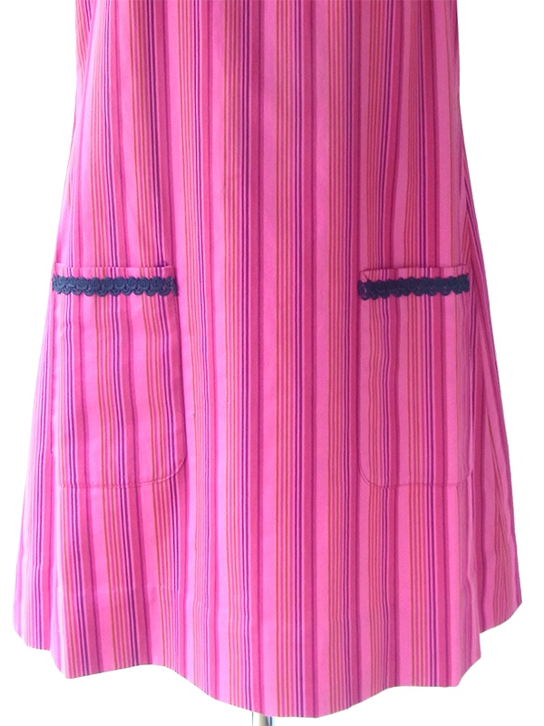 ヨーロッパ古着 ロンドン買い付け 60年代製 ピンク X ストライプ ネイビー コードレース ワンピース 17BS216