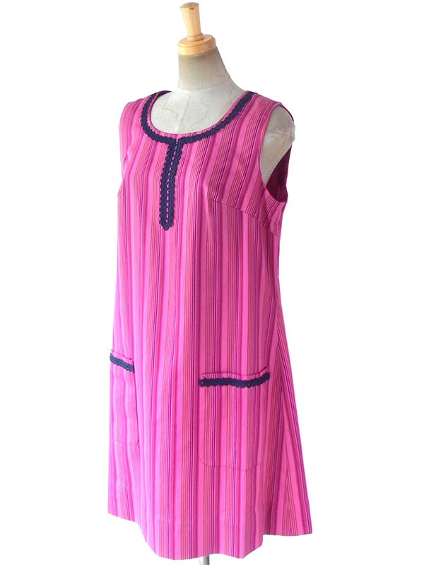 ヨーロッパ古着 ロンドン買い付け 60年代製 ピンク X ストライプ ネイビー コードレース ワンピース 17BS216