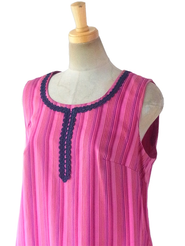 ヨーロッパ古着 ロンドン買い付け 60年代製 ピンク X ストライプ ネイビー コードレース ワンピース 17BS216