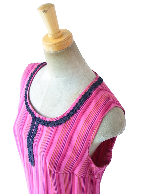 ヨーロッパ古着 ロンドン買い付け 60年代製 ピンク X ストライプ ネイビー コードレース ワンピース 17BS216