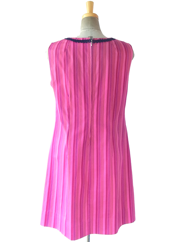 ヨーロッパ古着 ロンドン買い付け 60年代製 ピンク X ストライプ ネイビー コードレース ワンピース 17BS216