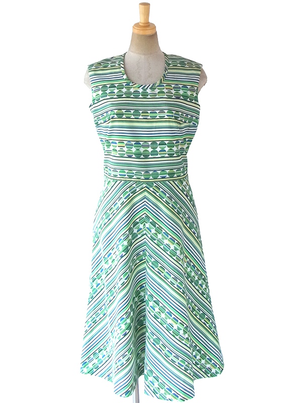 ヨーロッパ古着 ロンドン買い付け 70年代製 グリーン ・ブルー X 水玉・ストライプ・バイアス柄プリント レトロ ワンピース 17BS218