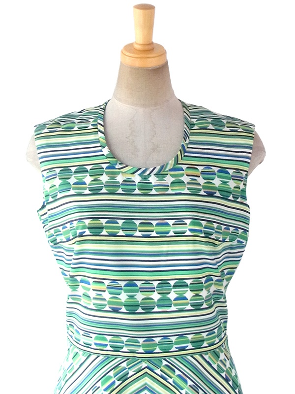 ヨーロッパ古着 ロンドン買い付け 70年代製 グリーン ・ブルー X 水玉・ストライプ・バイアス柄プリント レトロ ワンピース 17BS218
