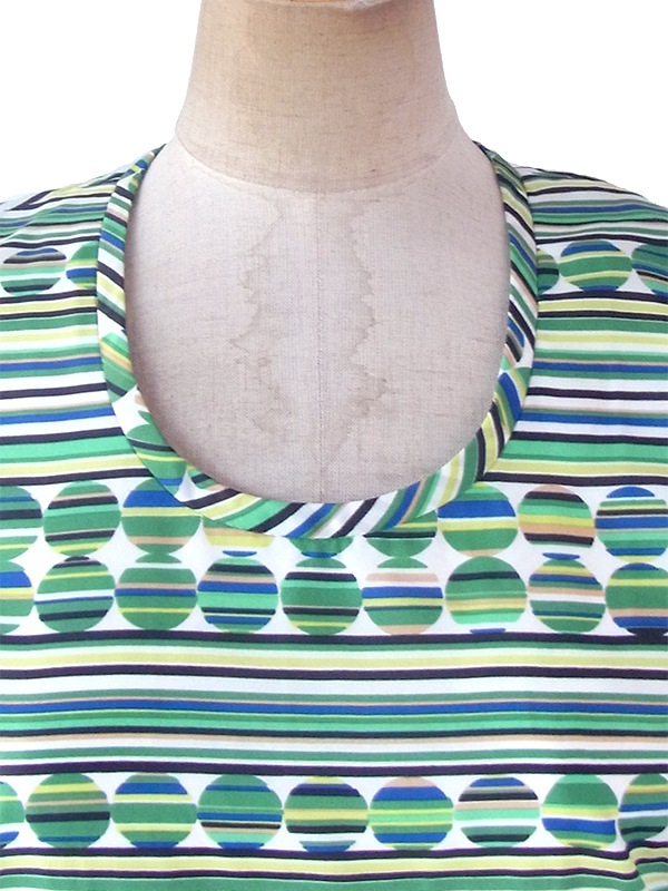 ヨーロッパ古着 ロンドン買い付け 70年代製 グリーン ・ブルー X 水玉・ストライプ・バイアス柄プリント レトロ ワンピース 17BS218