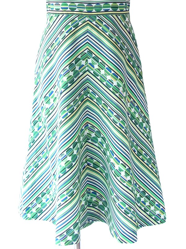 ヨーロッパ古着 ロンドン買い付け 70年代製 グリーン ・ブルー X 水玉・ストライプ・バイアス柄プリント レトロ ワンピース 17BS218