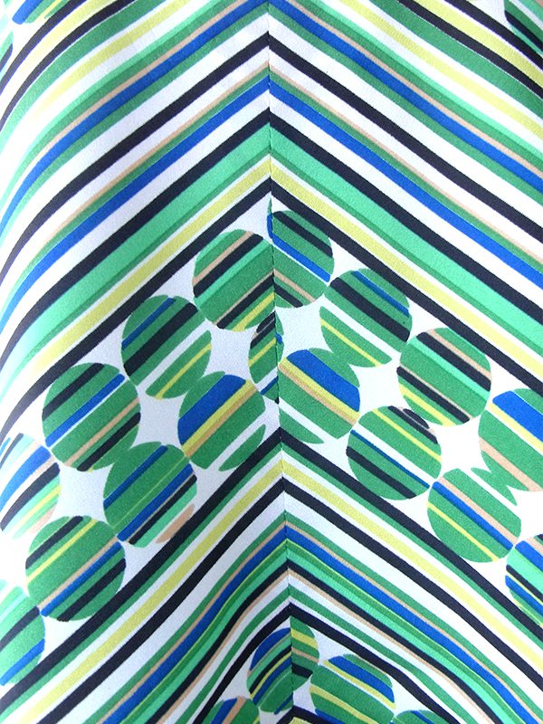 ヨーロッパ古着 ロンドン買い付け 70年代製 グリーン ・ブルー X 水玉・ストライプ・バイアス柄プリント レトロ ワンピース 17BS218