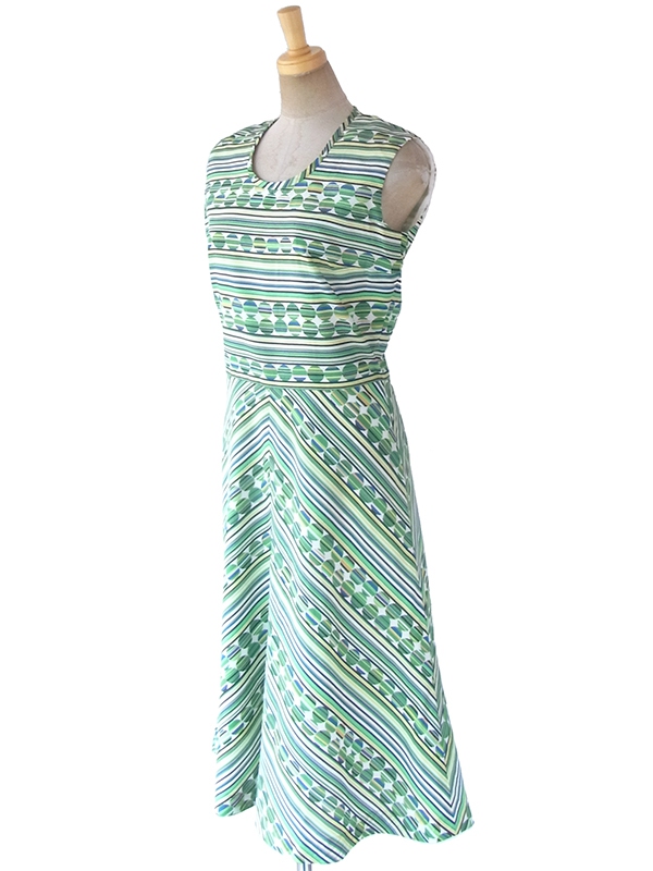 ヨーロッパ古着 ロンドン買い付け 70年代製 グリーン ・ブルー X 水玉・ストライプ・バイアス柄プリント レトロ ワンピース 17BS218
