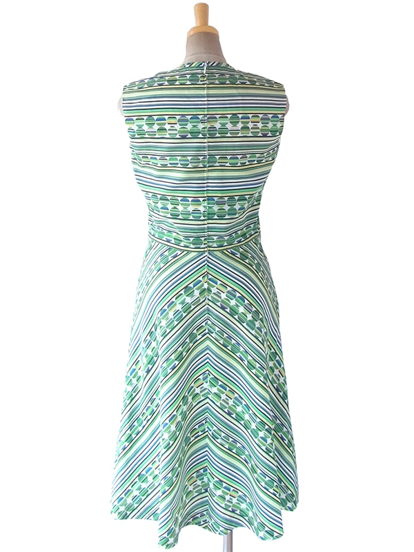 ヨーロッパ古着 ロンドン買い付け 70年代製 グリーン ・ブルー X 水玉・ストライプ・バイアス柄プリント レトロ ワンピース 17BS218