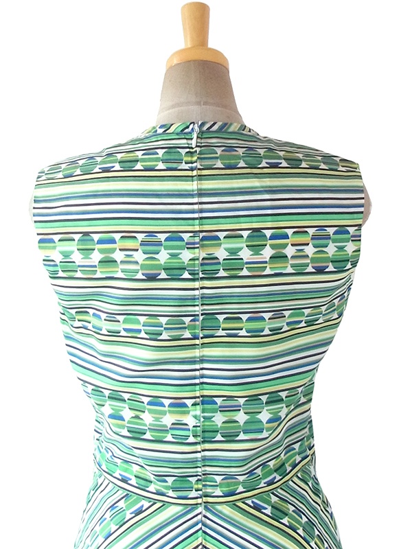 ヨーロッパ古着 ロンドン買い付け 70年代製 グリーン ・ブルー X 水玉・ストライプ・バイアス柄プリント レトロ ワンピース 17BS218