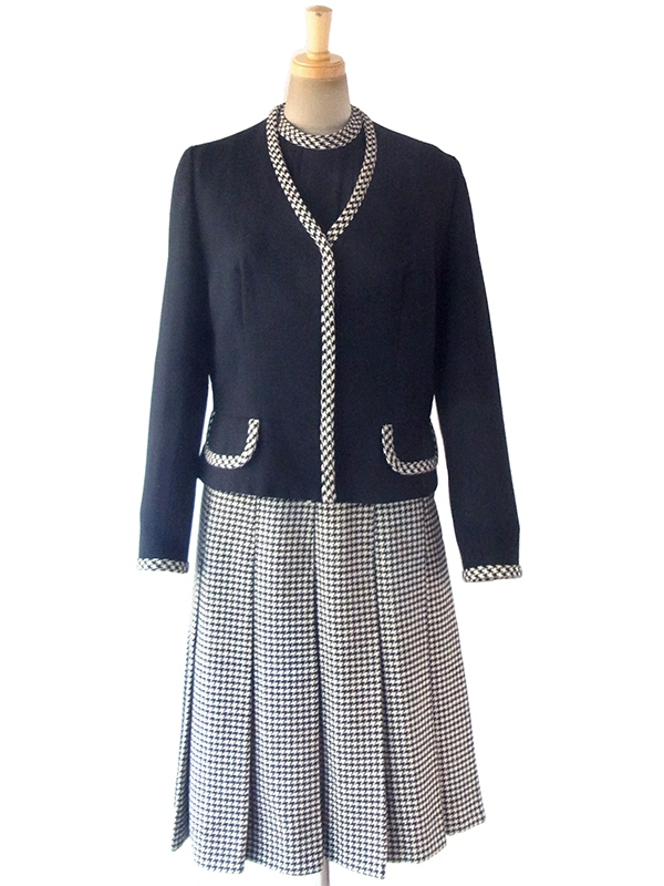 ヨーロッパ古着 ロンドン買い付け 60年代製 モノトーン X 千鳥格子 ウール ジャケット・ワンピース セットアップ 17BS224