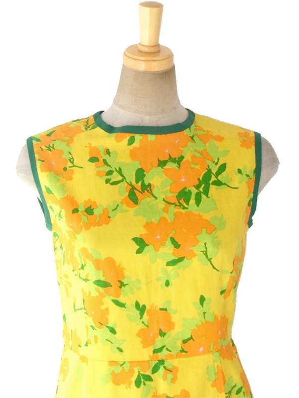ヨーロッパ古着 フランス買い付け 60年代製 イエロ X オレンジ・グリーン 花柄 パイピング ヴィンテージ プリーツ ワンピース 17CC001