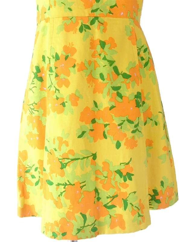 ヨーロッパ古着 フランス買い付け 60年代製 イエロ X オレンジ・グリーン 花柄 パイピング ヴィンテージ プリーツ ワンピース 17CC001