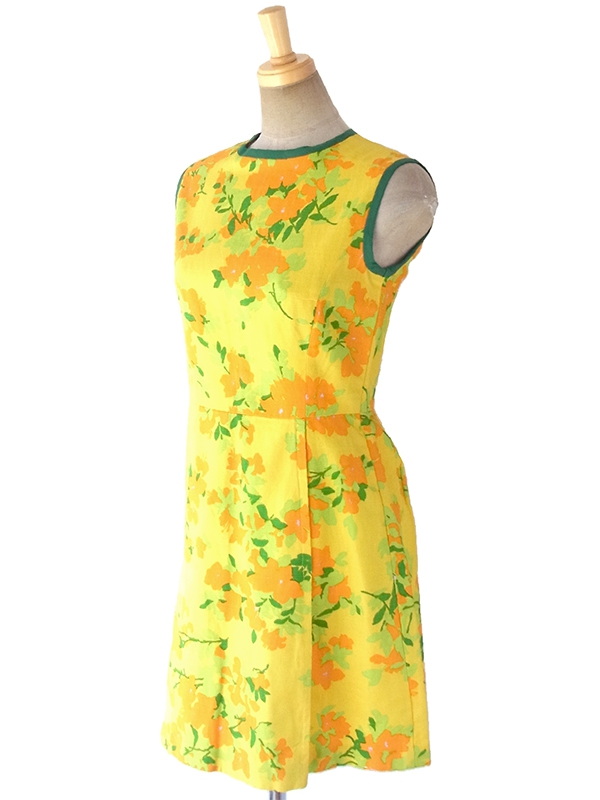 ヨーロッパ古着 フランス買い付け 60年代製 イエロ X オレンジ・グリーン 花柄 パイピング ヴィンテージ プリーツ ワンピース 17CC001